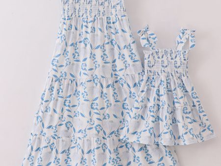 Blue Porcelain Petals print smocked mom&me dress For Cheap