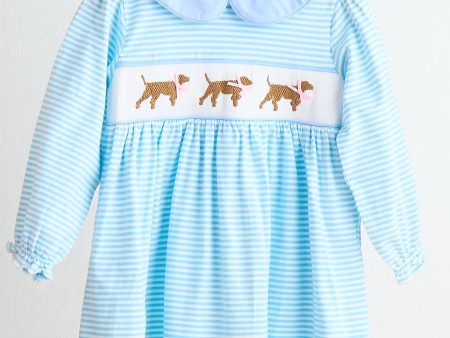 Blue puppy hand smocked stripe dress For Sale