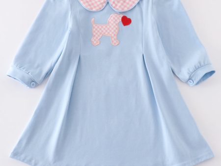 Blue valentine puppy heart applique girl dress Fashion