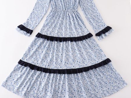 Blue floral print tiered mom ruffle dress Hot on Sale