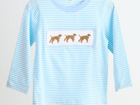 Blue puppy hand smocked boy stripe top Discount