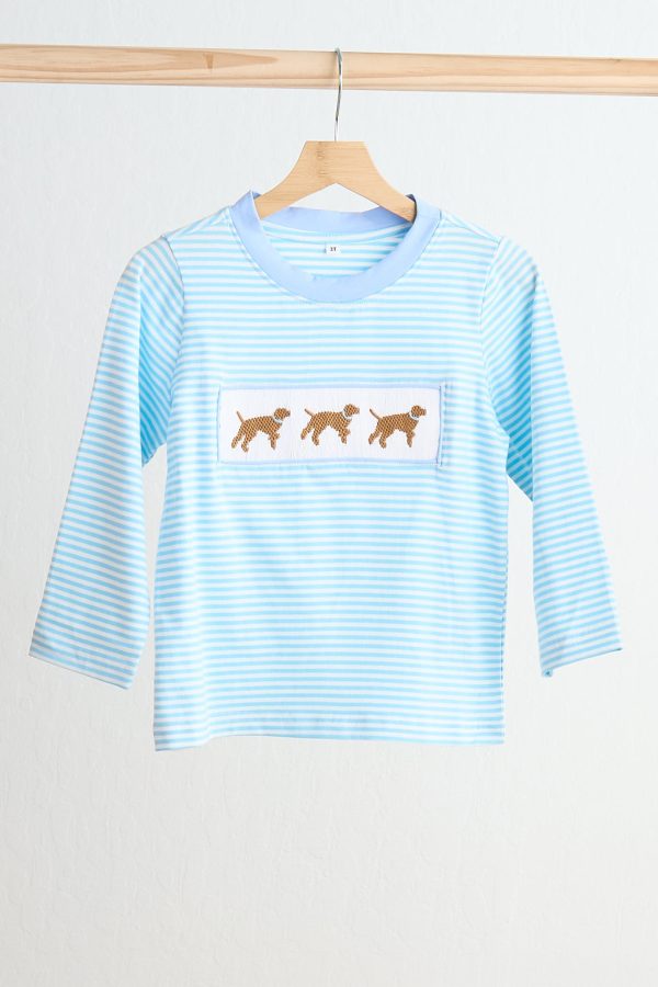 Blue puppy hand smocked boy stripe top Discount