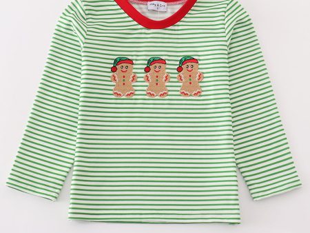 Green stripe christmas gingerbread embroidery boy top Online