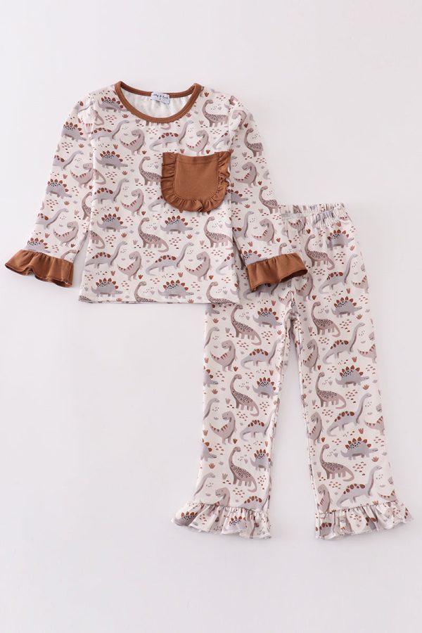 Brown dinosaur print girl set Fashion