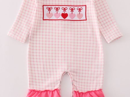 Pink plaid heart embroidery girl romper For Cheap