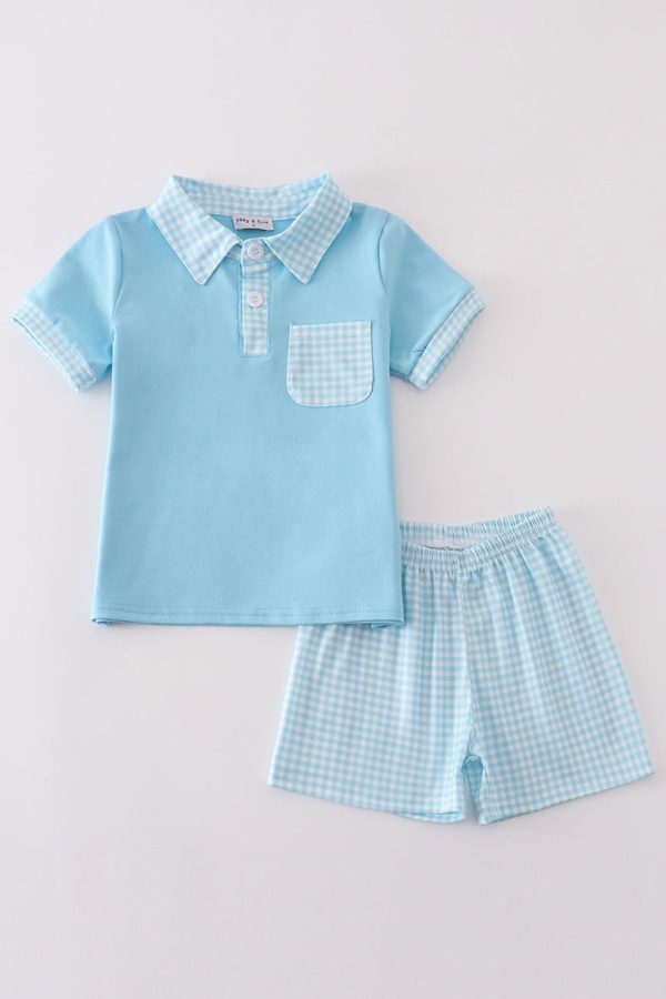 Blue gingham boy shorts set on Sale