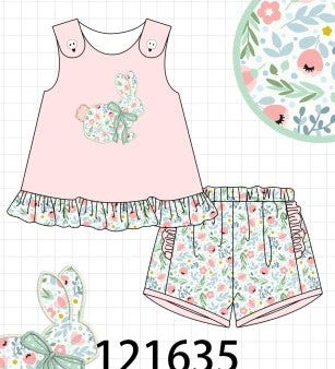 Pink floral bunny applique girl set Discount