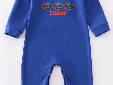 Blue chomp embroidery boy romper Supply