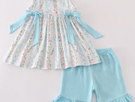 Blue floral print ruffle girl set Online Hot Sale