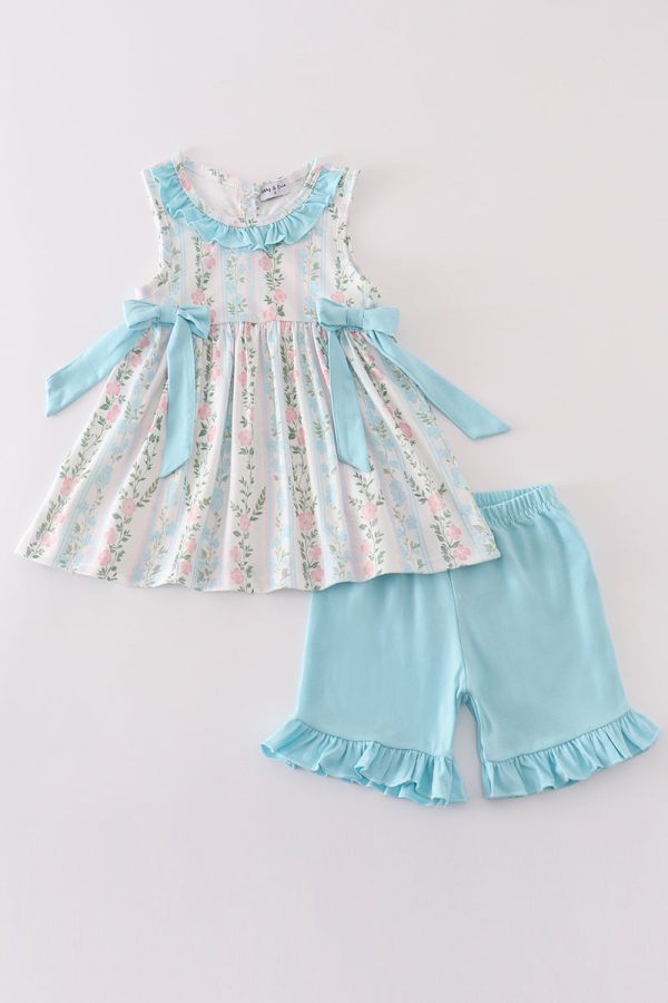 Blue floral print ruffle girl set Online Hot Sale