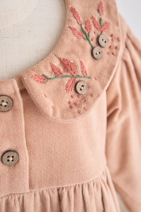 Beige floral embroidery velveteen girl dress Sale