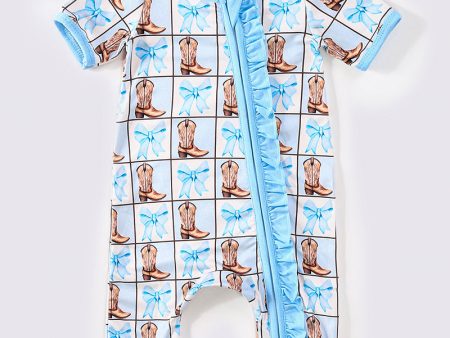 Blue boots print girl romper For Cheap