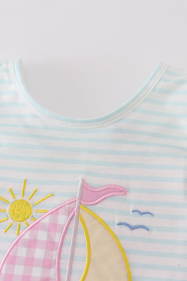 Blue stripe sailboat embroidery girl set Online