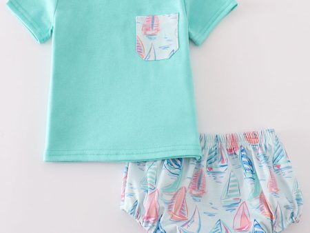 Green sailboat print boy bloomer set For Cheap