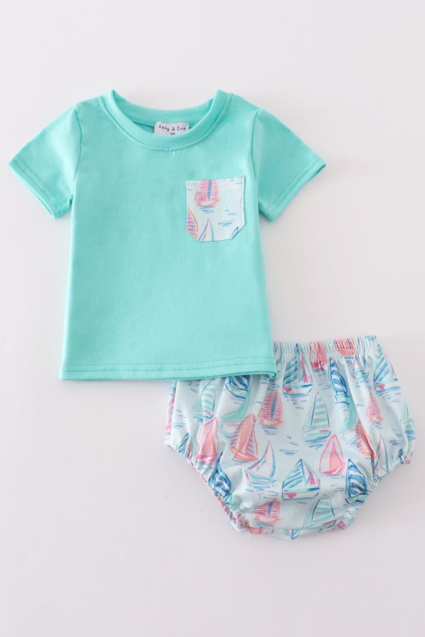 Green sailboat print boy bloomer set For Cheap