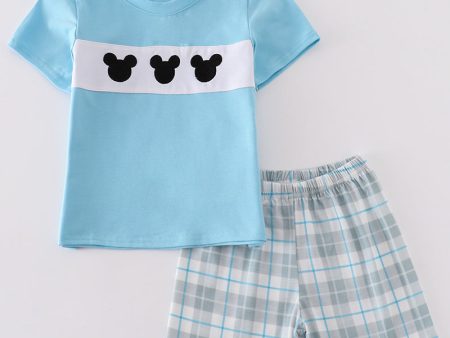 Blue plaid character embroidery boy set Cheap