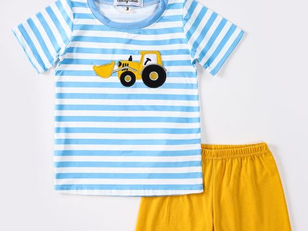 Blue stripe tractor applique boy set Hot on Sale