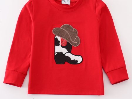 Red boots applique boy top For Discount