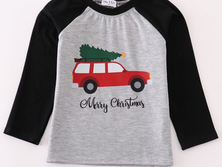 Christmas car tree print boy top For Cheap