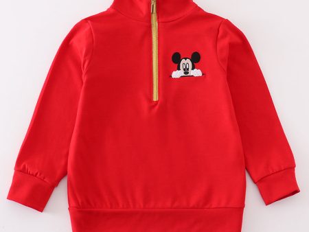 Red character embroidery boy zipper pullover For Cheap