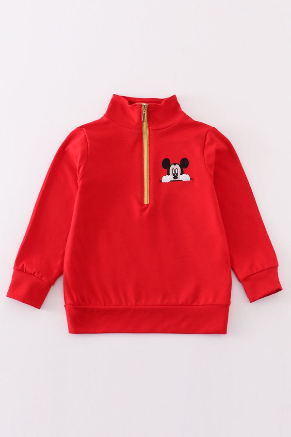 Red character embroidery boy zipper pullover For Cheap