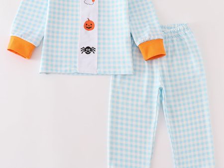 Blue halloween ghost pumpkin embroidery boy set Online Hot Sale