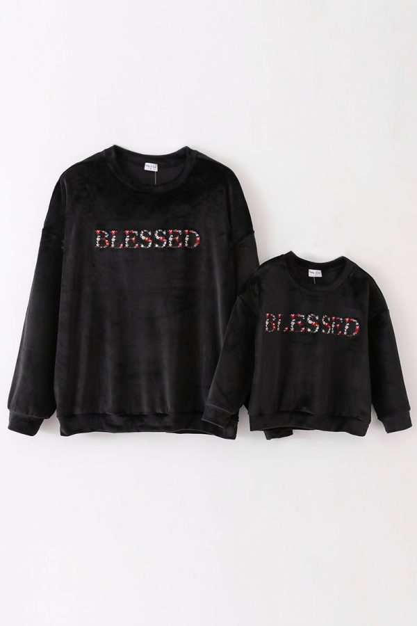 Black velvet blessed embroidery mom&me sweatshirt Discount