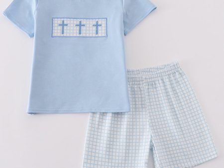 Blue easter cross embroidery boy set Online Hot Sale