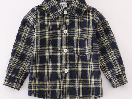 Navy plaid boy button down shirt For Cheap