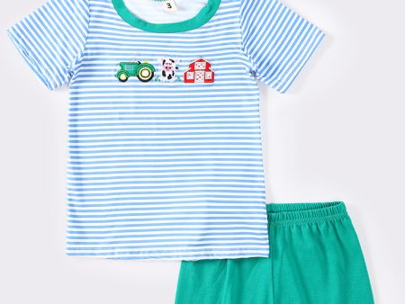 Blue stripe farm embroidery boy set Discount