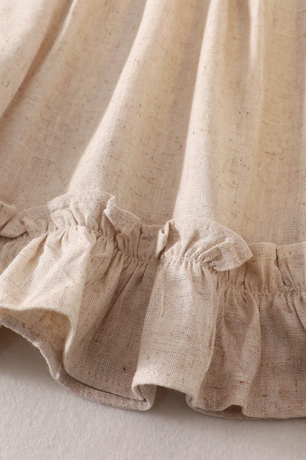 Beige ruffle button linen dress For Sale