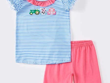 Blue stripe farm embroidery girl set Online