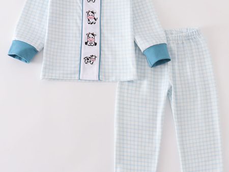 Blue gingham cow embroidery boy pajamas set For Discount