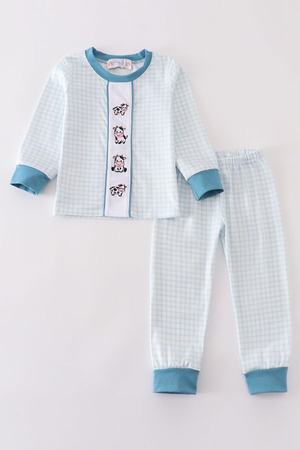 Blue gingham cow embroidery boy pajamas set For Discount