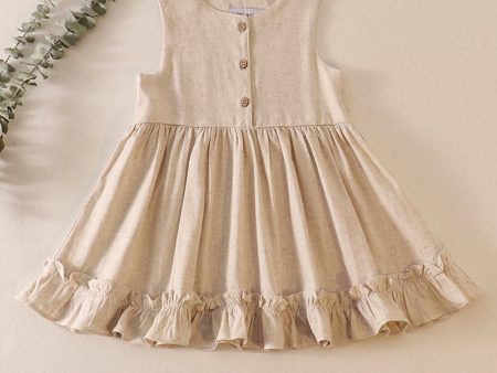 Beige ruffle button linen dress For Sale