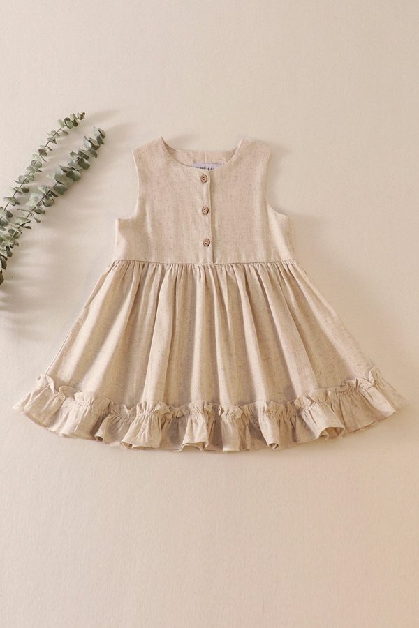 Beige ruffle button linen dress For Sale