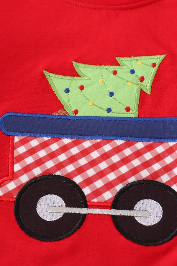 Red trolley christmas tree applique boy top Online now