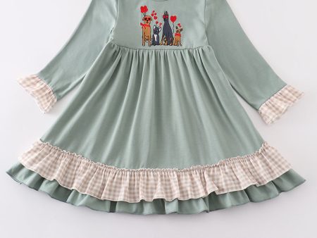 Sage valentine puppy heart embroidery girl dress Hot on Sale