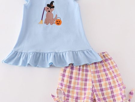 Blue halloween witch dog embroidery girl set Online