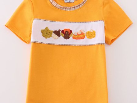 Brown plaid turkey french knot boy top For Discount