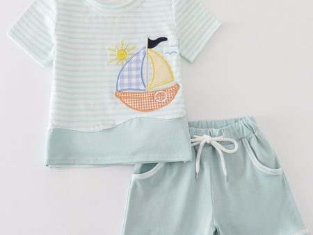 Blue stripe sailboat applique boy set For Sale