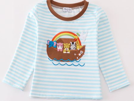 Blue stripe noah s ark animal applique boy top Hot on Sale