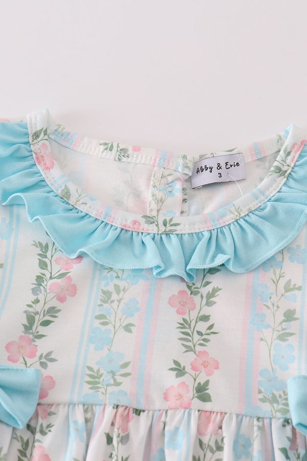 Blue floral print ruffle girl set Online Hot Sale