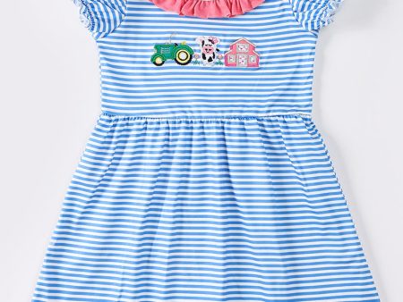 Blue stripe farm embroidery dress Cheap