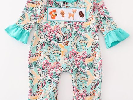 Teal floral print forest animal embroidery girl romper Hot on Sale