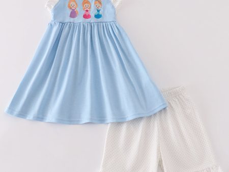 Blue princess embroidery ruffle girl set Sale