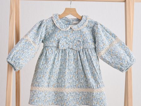 Blue floral corduroy lace dress For Cheap