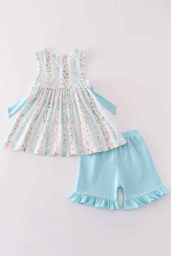 Blue floral print ruffle girl set Online Hot Sale