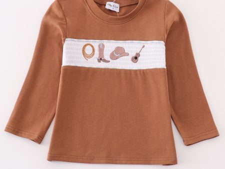 Brown dot smocked western embroidery boy top Online Sale