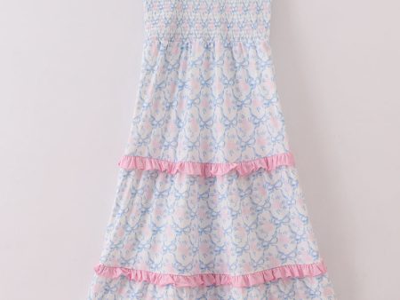 Blue bow tie print smocked mom dress Online Hot Sale